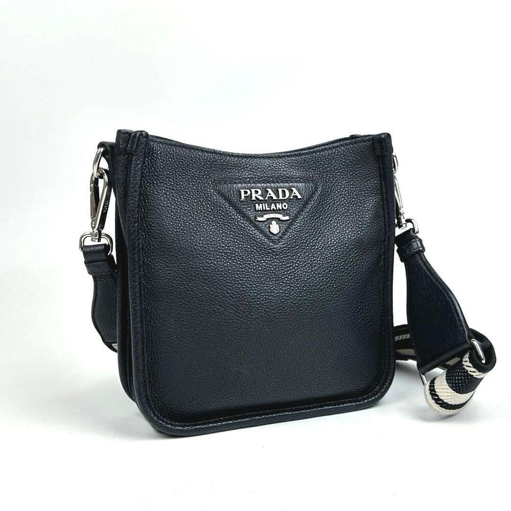 PRADA Vitello Daino Soft Leather Shoulder Bag Black Crossbody Triangle - Picture 1 of 10